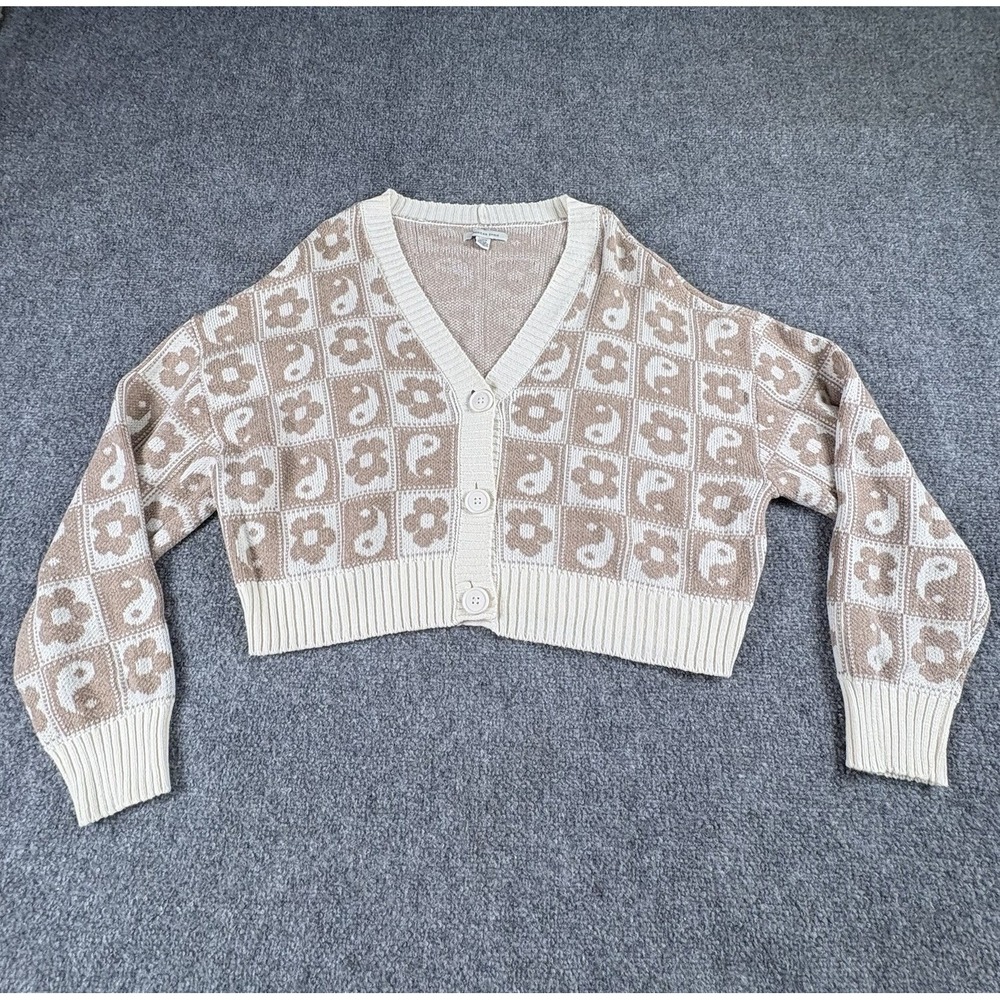 American Eagle Yin & Yang Cardigan Women L Cream Cropped Boho Cottagecore Floral